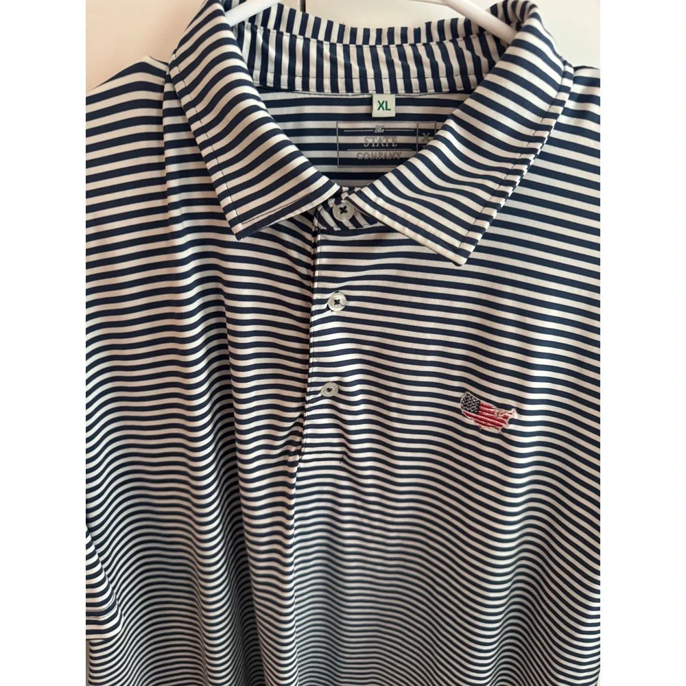 The State Company Mens XL Polo‎ Shirt Navy White Striped USA Flag Map Golf Top